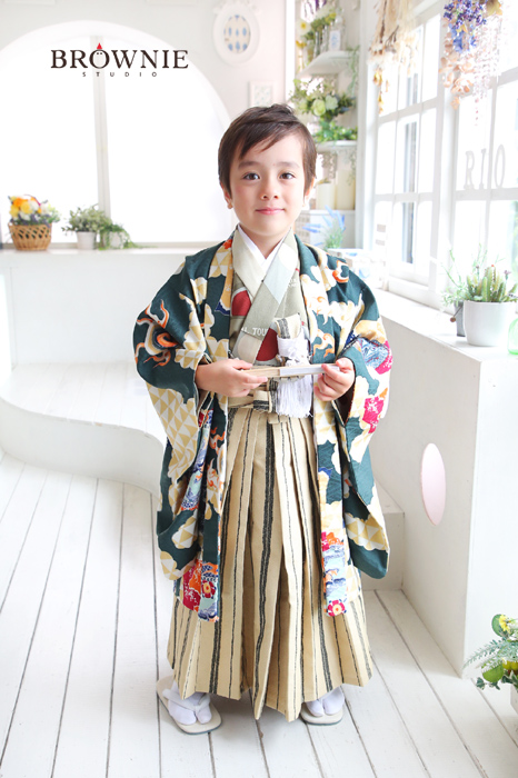 新品【ベージュ×グリーン】utatane かぷり 七五三 5歳 袴 男の子